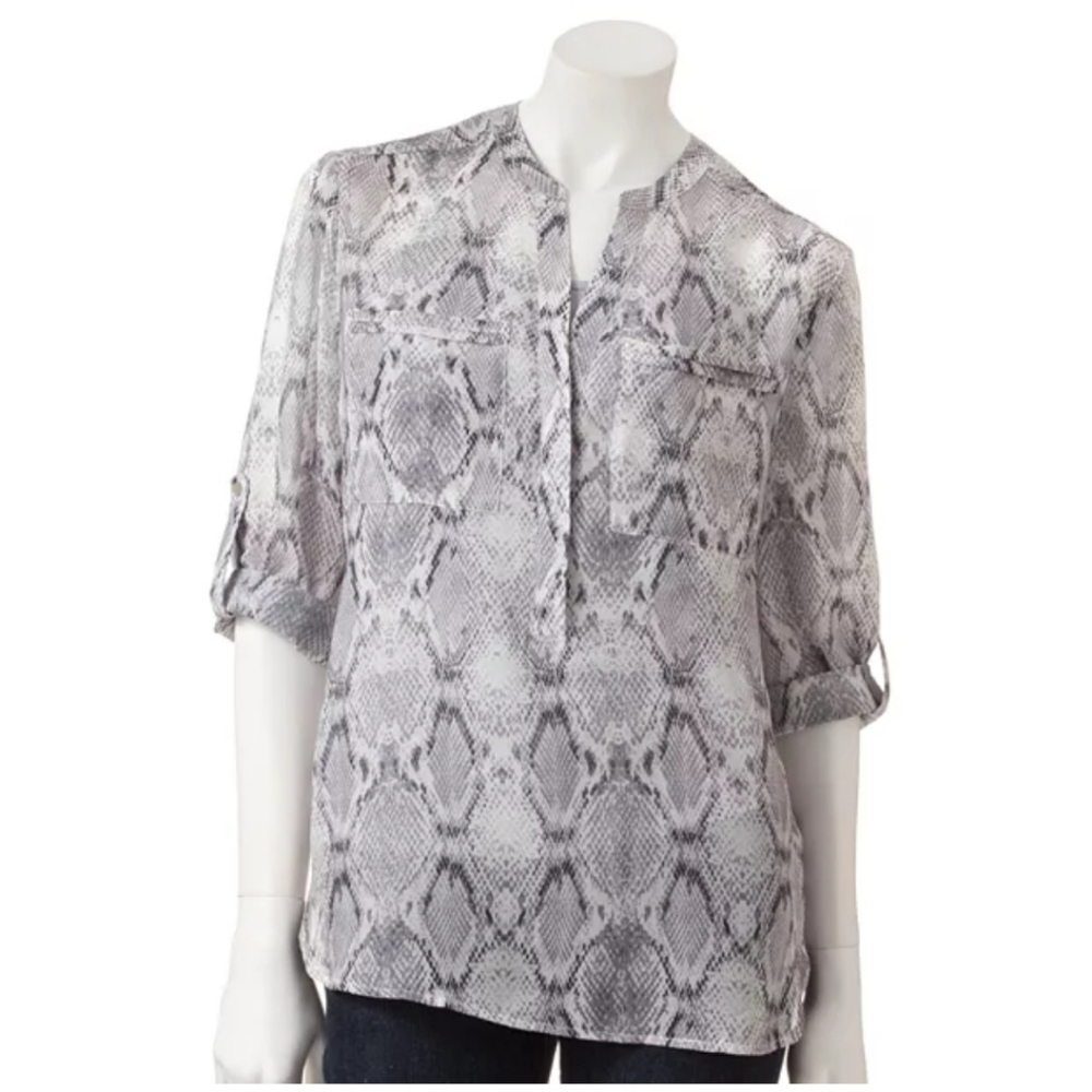 Apt. 9 Large Snakeprint Chiffon Henley Roll Tab Blouse Top‎ Shirt Gray